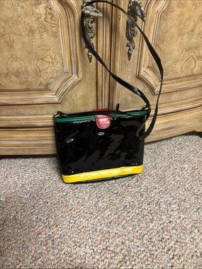 Black Patent Crossbody Bag with Leather Yellow Accent and Red Trim vintage ‘80’s